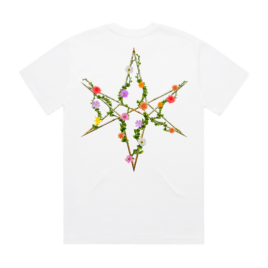 White unisex short-sleeve regular fit T-shirt with floral 'Bring Me the Horizon' text print across the chest and floral hex print across the back.