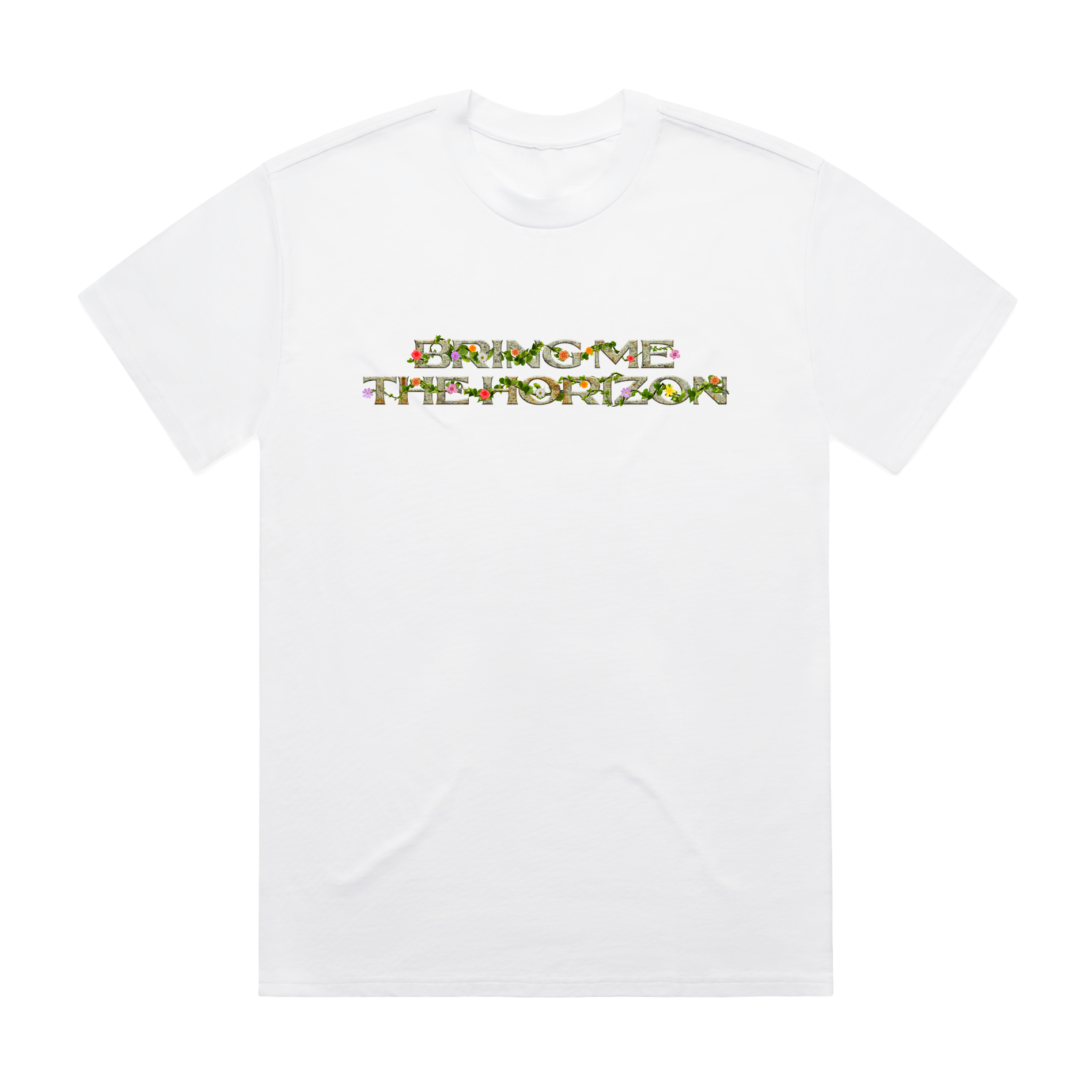 White unisex short-sleeve regular fit T-shirt with floral 'Bring Me the Horizon' text print across the chest and floral hex print across the back.