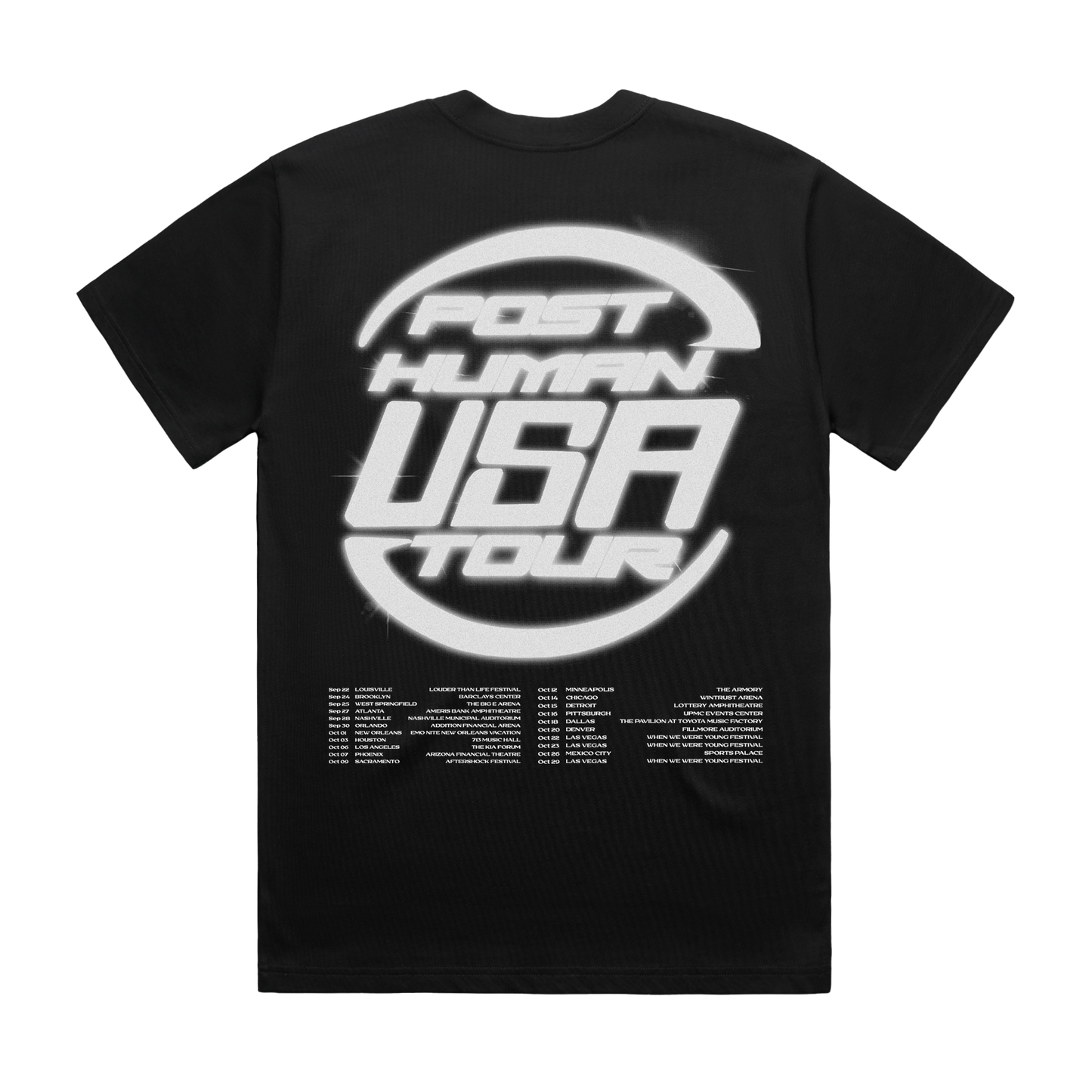 Black unisex short-sleeve regular fit T-shirt with red BMTH star print across the front and Post Human USA tour date print across the back