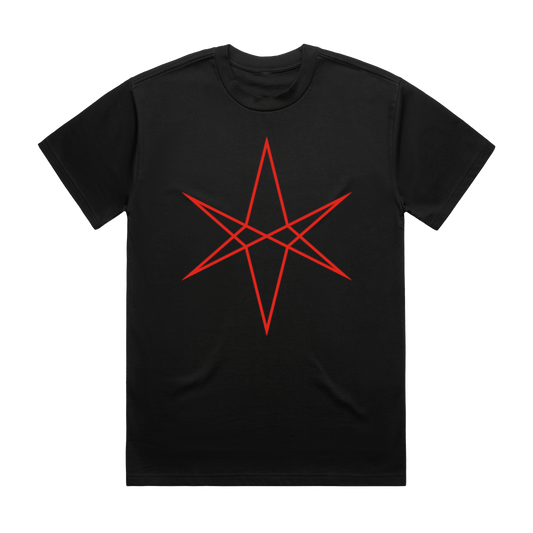 Black unisex short-sleeve regular fit T-shirt with red BMTH star hex print across the front and Post Human USA tour date print across the back