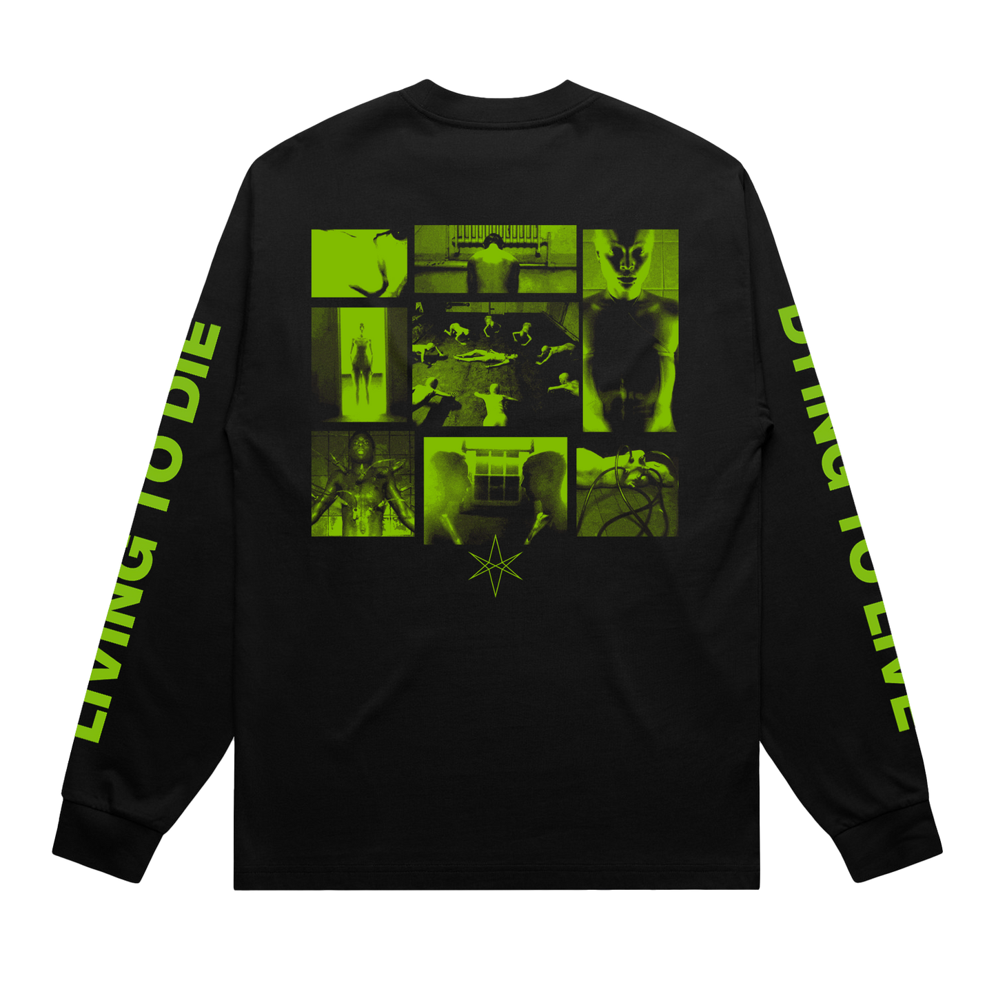 Black unisex long-sleeve regular fit T-shirt with green 'BMTH' text print across the front chest, green 'Dying to Live' text print along the sleeves, and green collage print across the back.