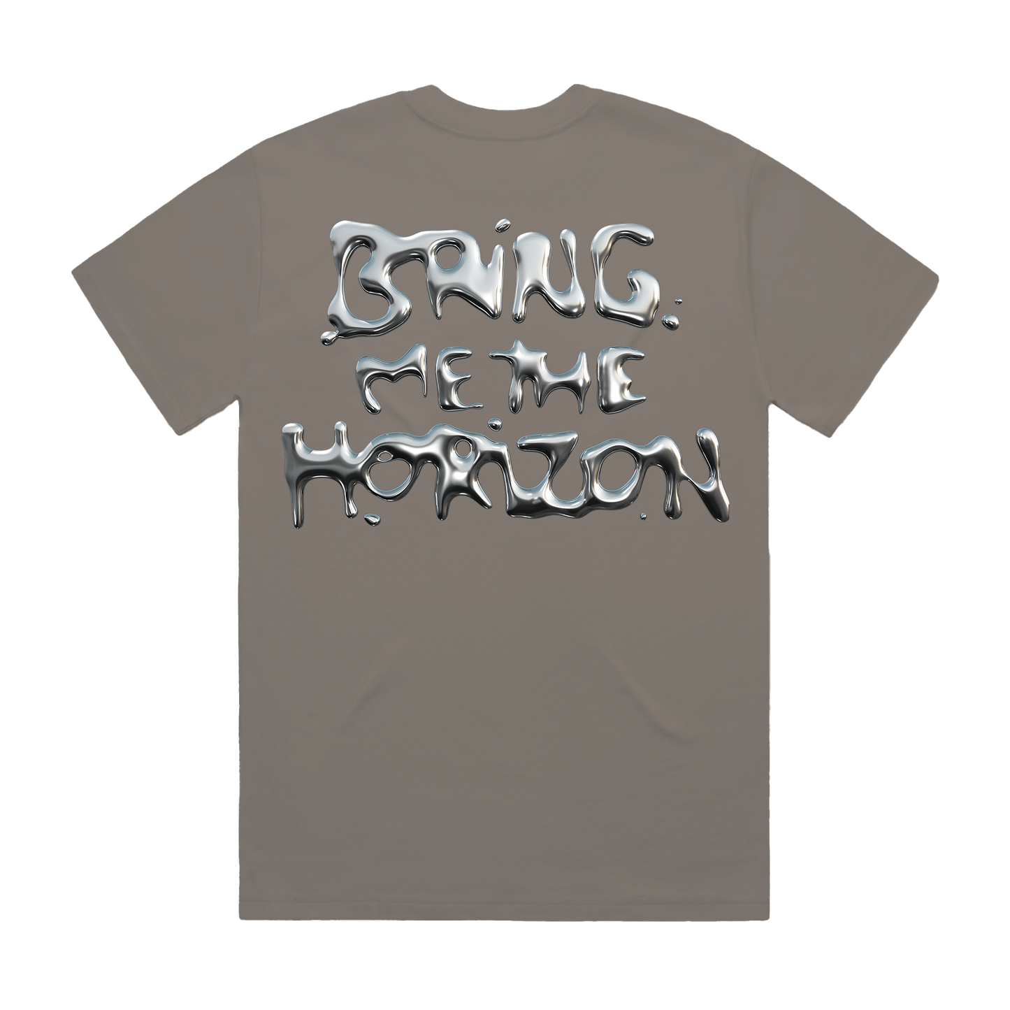 Asphalt coloured unisex short-sleeve t-shirt with silver chrome 'Bring Me the Horizon' print across the back