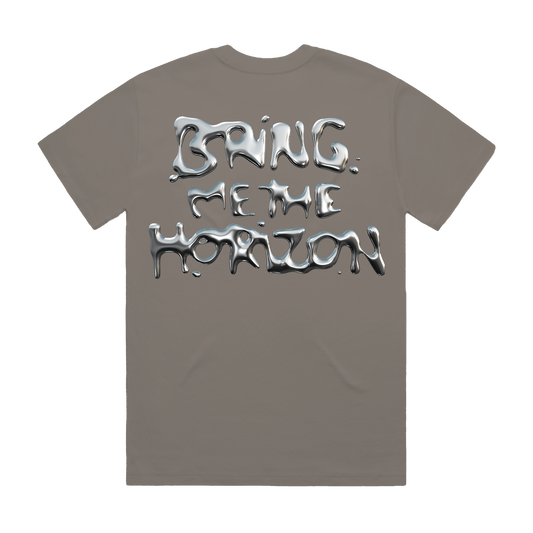 Asphalt coloured unisex short-sleeve t-shirt with silver chrome 'Bring Me the Horizon' print across the back