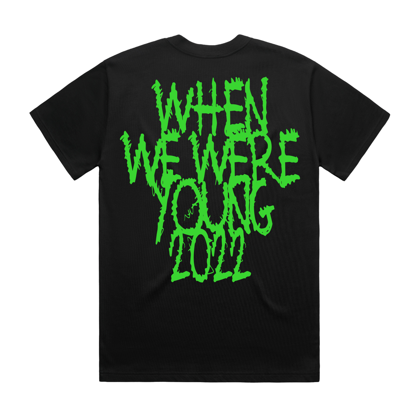 Black unisex short-sleeve regular fit T-shirt with green 'Bring Me the Horizon' text print across the front and green 'When We Were Young 2022' text print across the back.