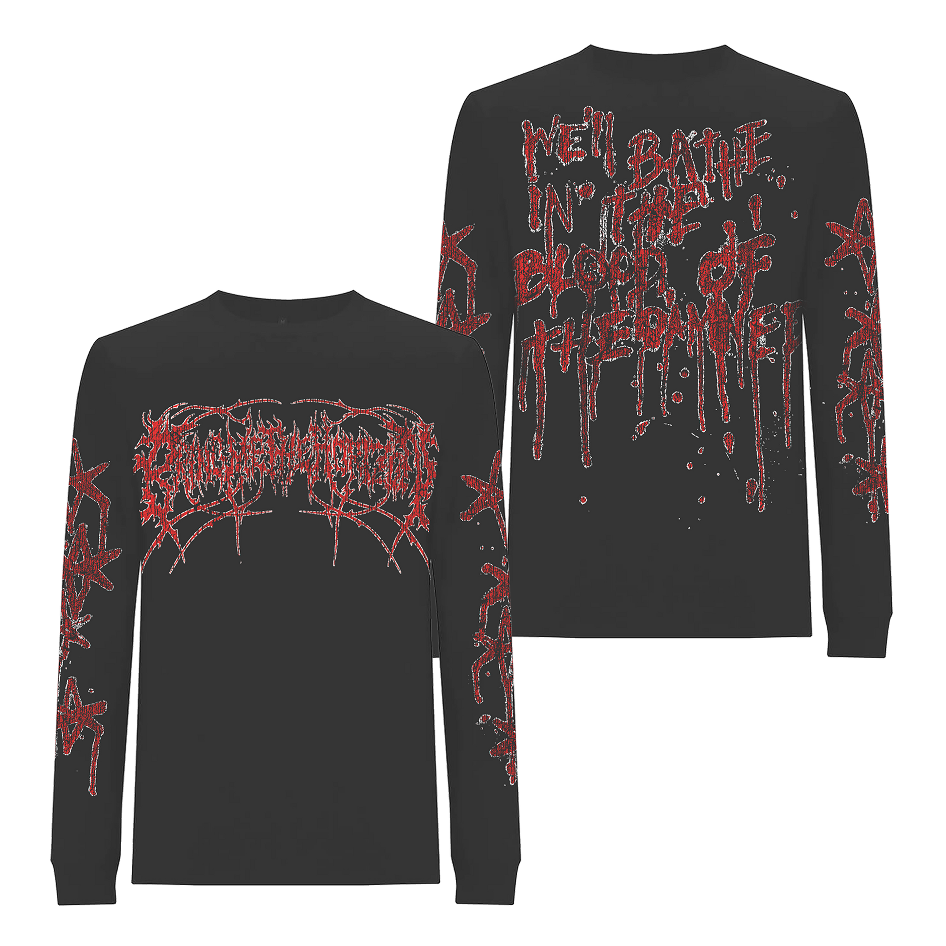 Black unisex long-sleeve regular fit T-shirt with red Bring Me the Horizon text print across the front and along the sleeves, and 'We Bathe in the Blood of the Damned' text print across the back.