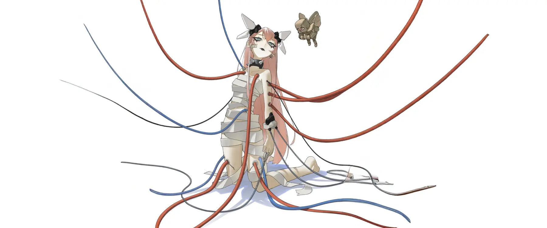 Animated BMTH character with long pink hair and traditional attire surrounded by colorful lines on a white background