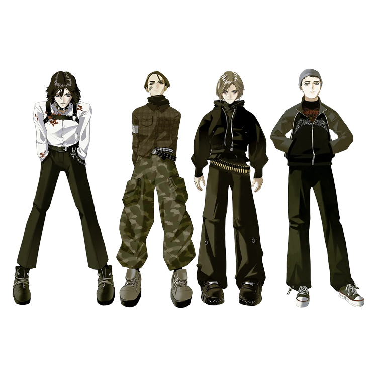 BMTH as animated characters in different outfits on a transparent background