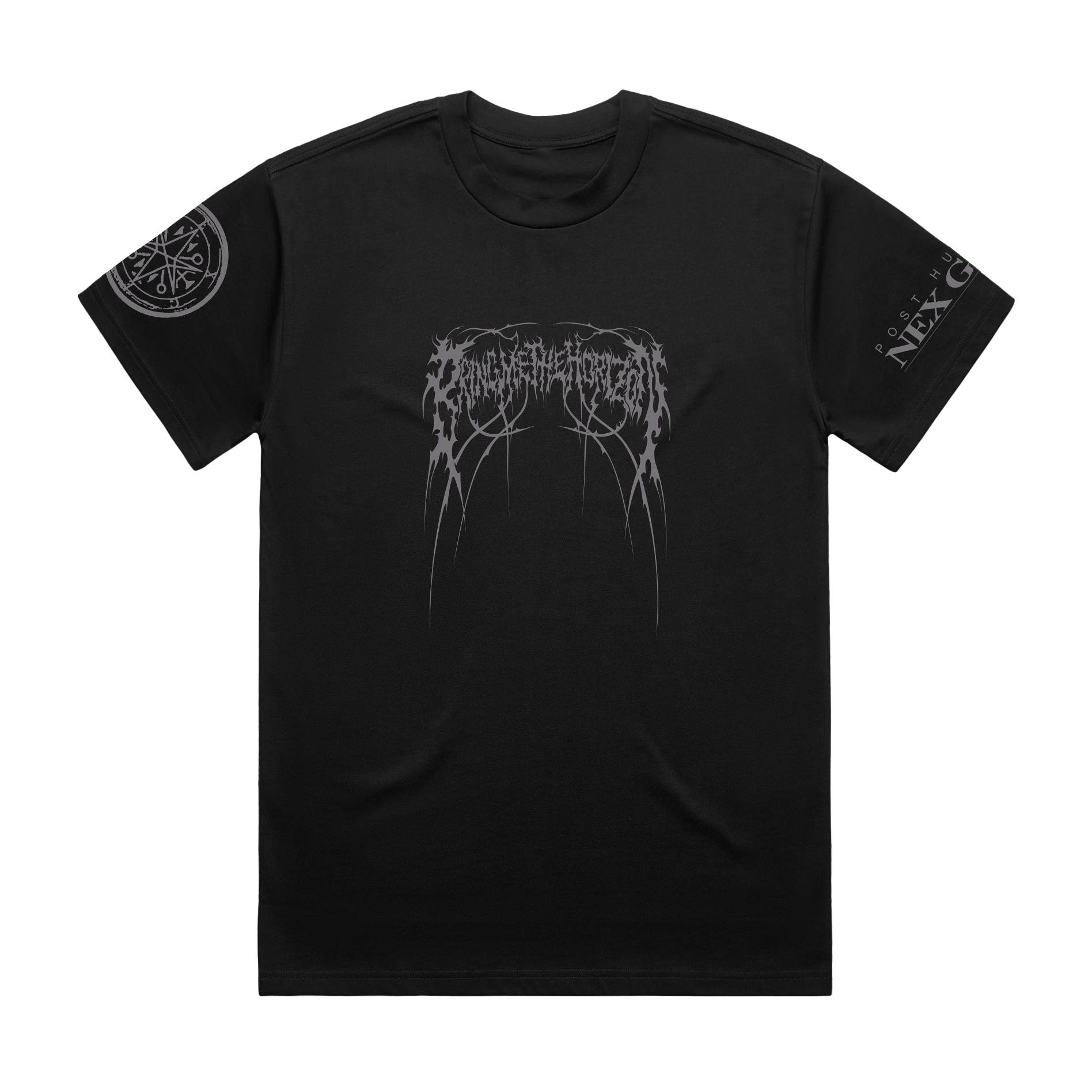 Black unisex short-sleeve regular fit T-shirt with grey Bring Me the Horizon logo print across the front chest, grey BMTH print across the right sleeve, and grey NeX GEn print across the left sleeve.