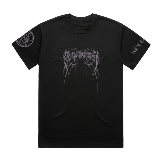 Black unisex short-sleeve regular fit T-shirt with grey Bring Me the Horizon logo print across the front chest, grey BMTH print across the right sleeve, and grey NeX GEn print across the left sleeve.