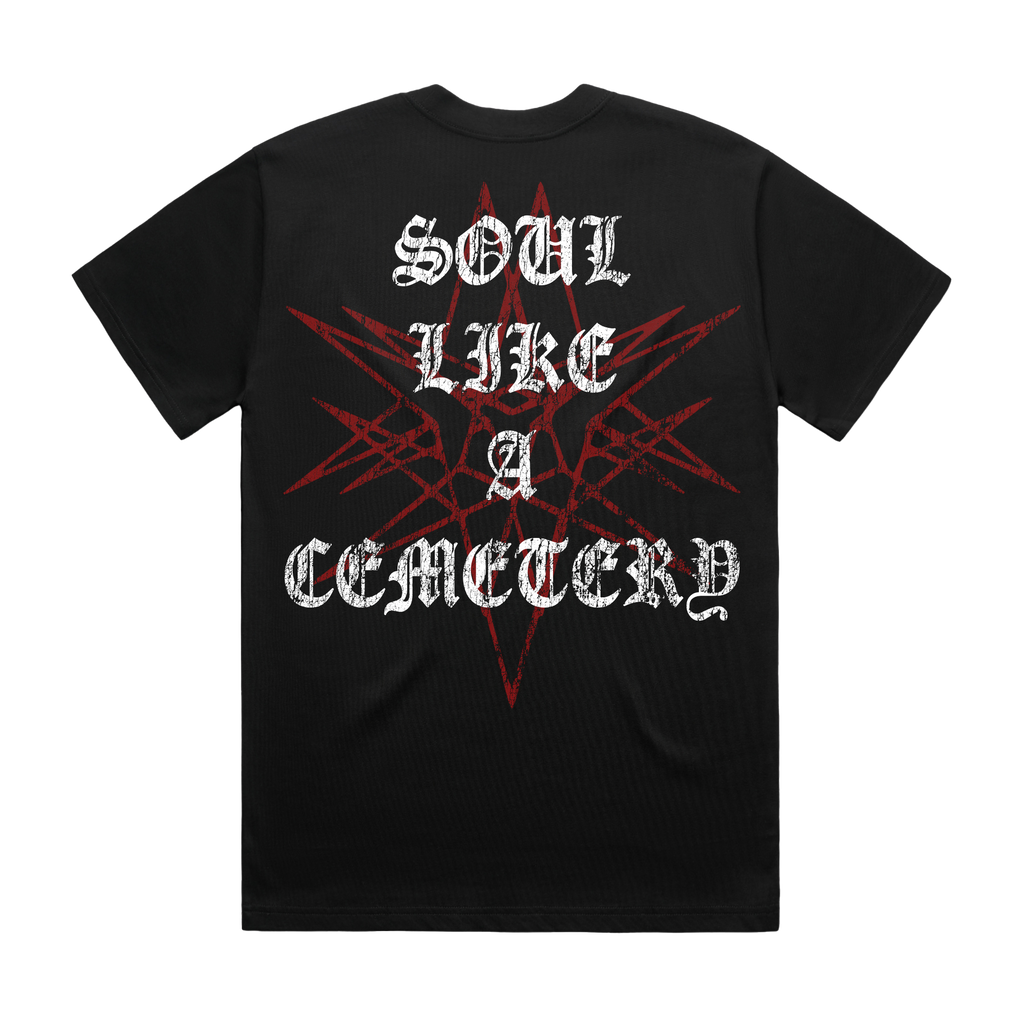 Black unisex short-sleeve regular fit T-shirt with red and white Bring Me the Horizon 'Soul Like a Cemetery' print across the front and back.