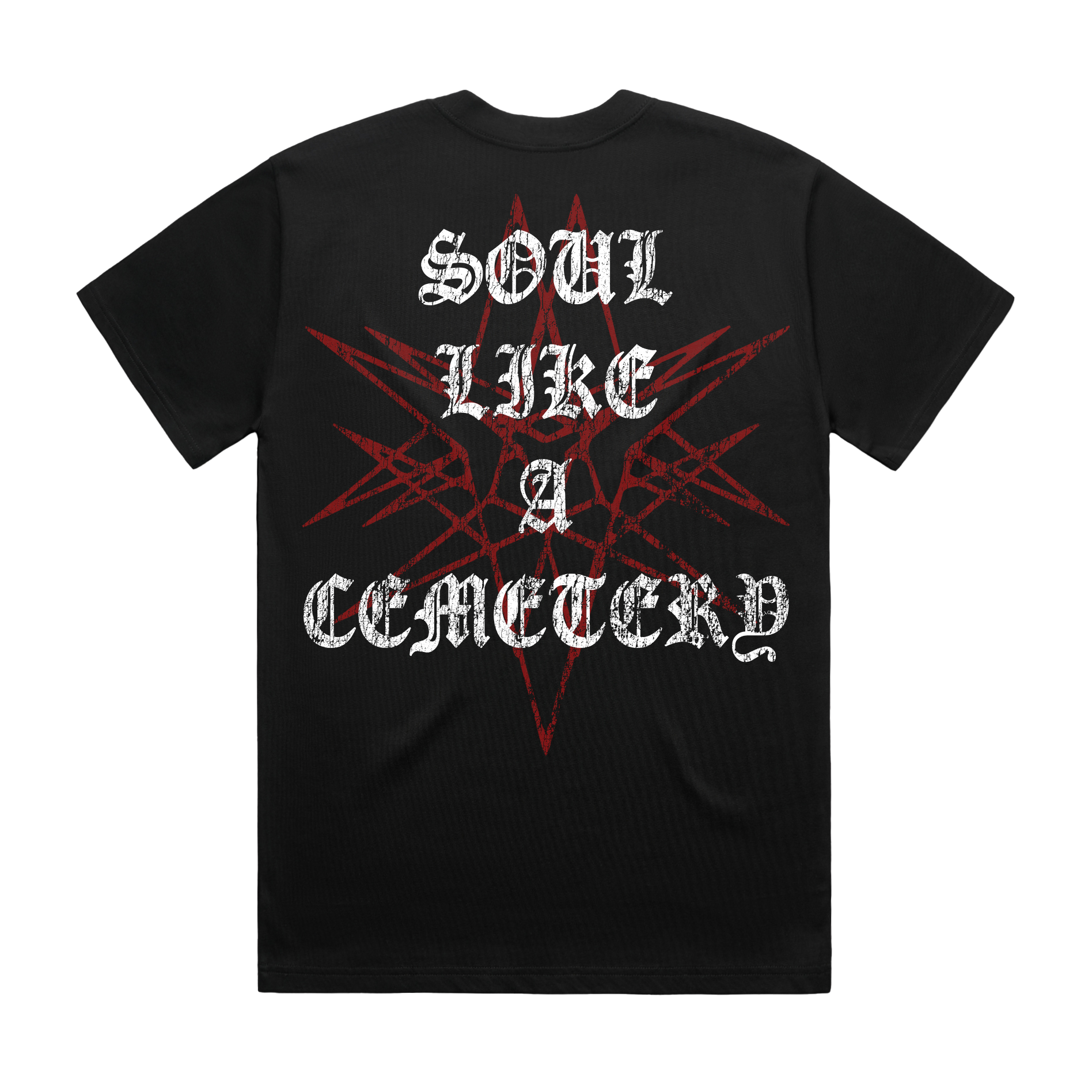 Black unisex short-sleeve regular fit T-shirt with red and white Bring Me the Horizon 'Soul Like a Cemetery' print across the front and back.