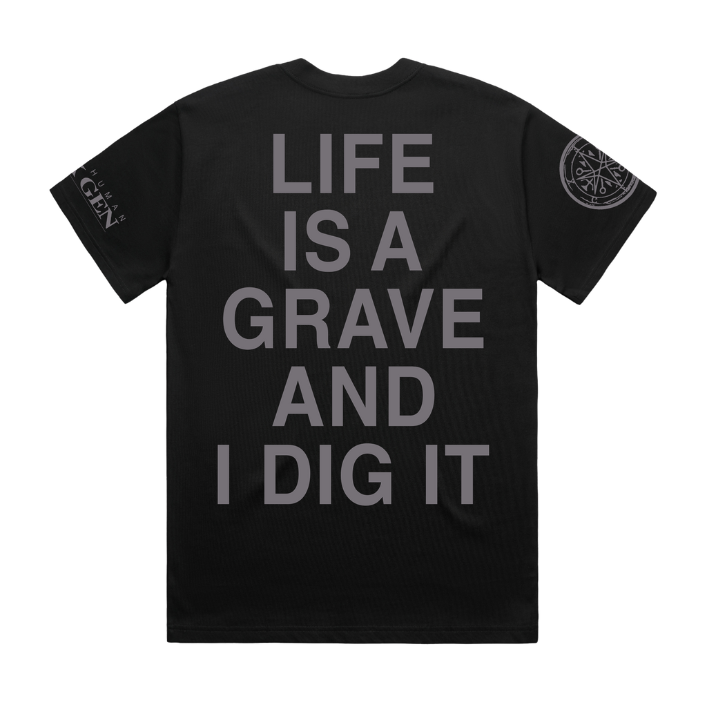 Black unisex short-sleeve regular fit T-shirt with grey Bring Me the Horizon 'Life Is a Grave and I Dig It' text print across the back.