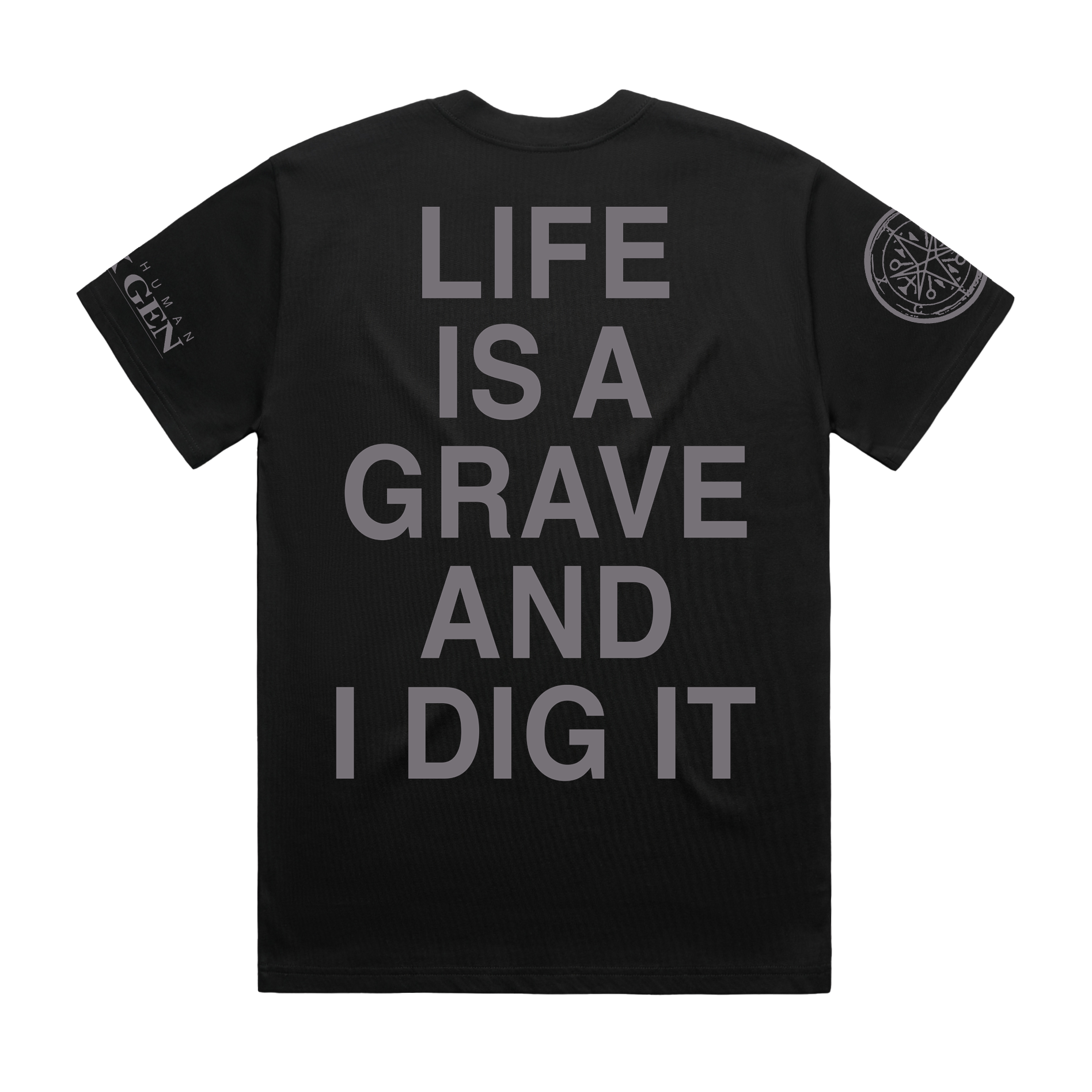 Black unisex short-sleeve regular fit T-shirt with grey Bring Me the Horizon 'Life Is a Grave and I Dig It' text print across the back.