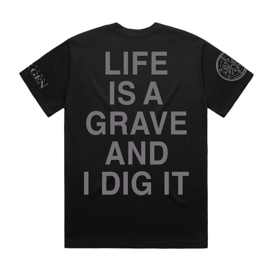 Black unisex short-sleeve regular fit T-shirt with grey Bring Me the Horizon 'Life Is a Grave and I Dig It' text print across the back.