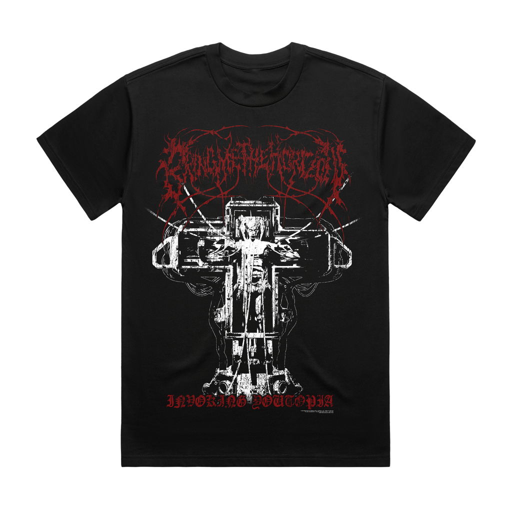Black unisex short-sleeve regular fit T-shirt with red and white Bring Me the Horizon 'Soul Like a Cemetery' print across the front and back.