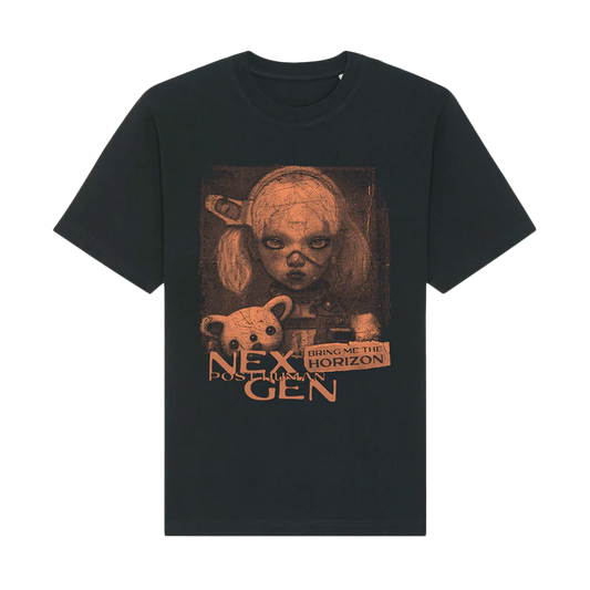 Black unisex short-sleeve regular fit T-shirt with Bring Me the Horizon Post Human: NeX GEn print across the front.