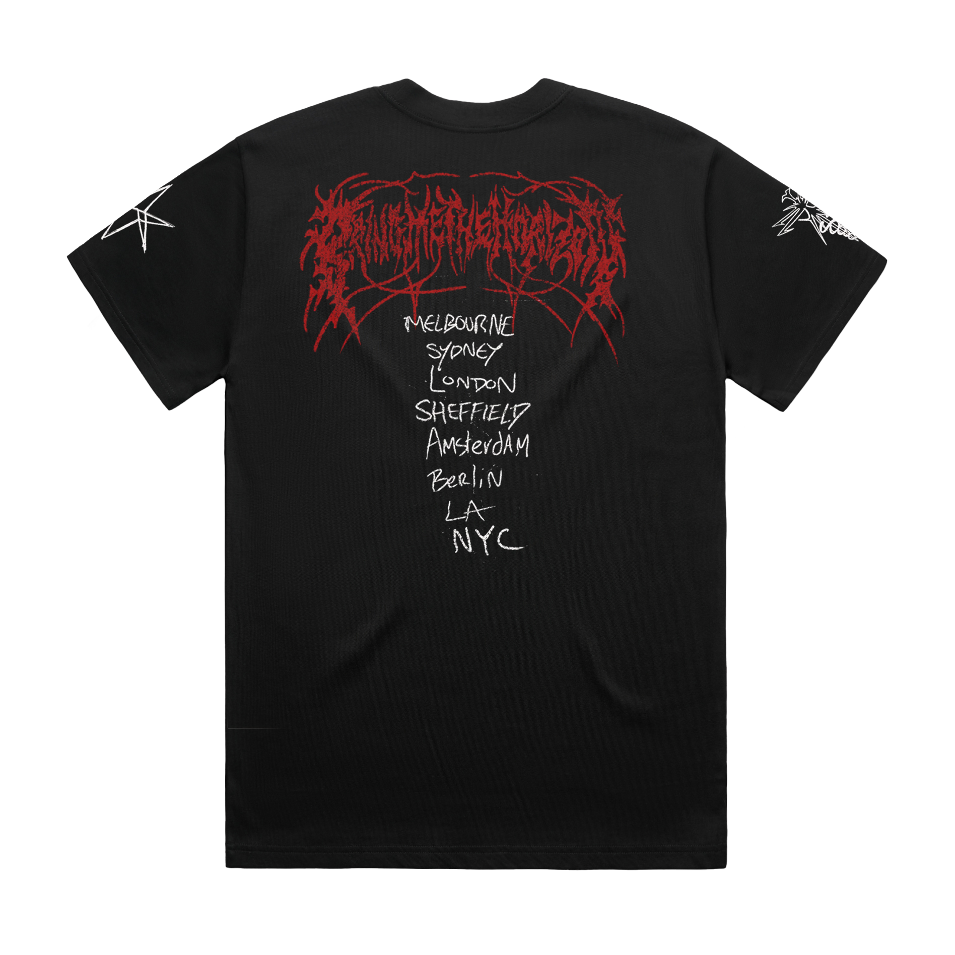 Black unisex short-sleeve regular fit T-Shirt with Bring me The Horizon pop-up cities print across the back