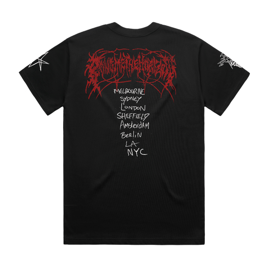 Black unisex short-sleeve regular fit T-Shirt with Bring me The Horizon pop-up cities print across the back