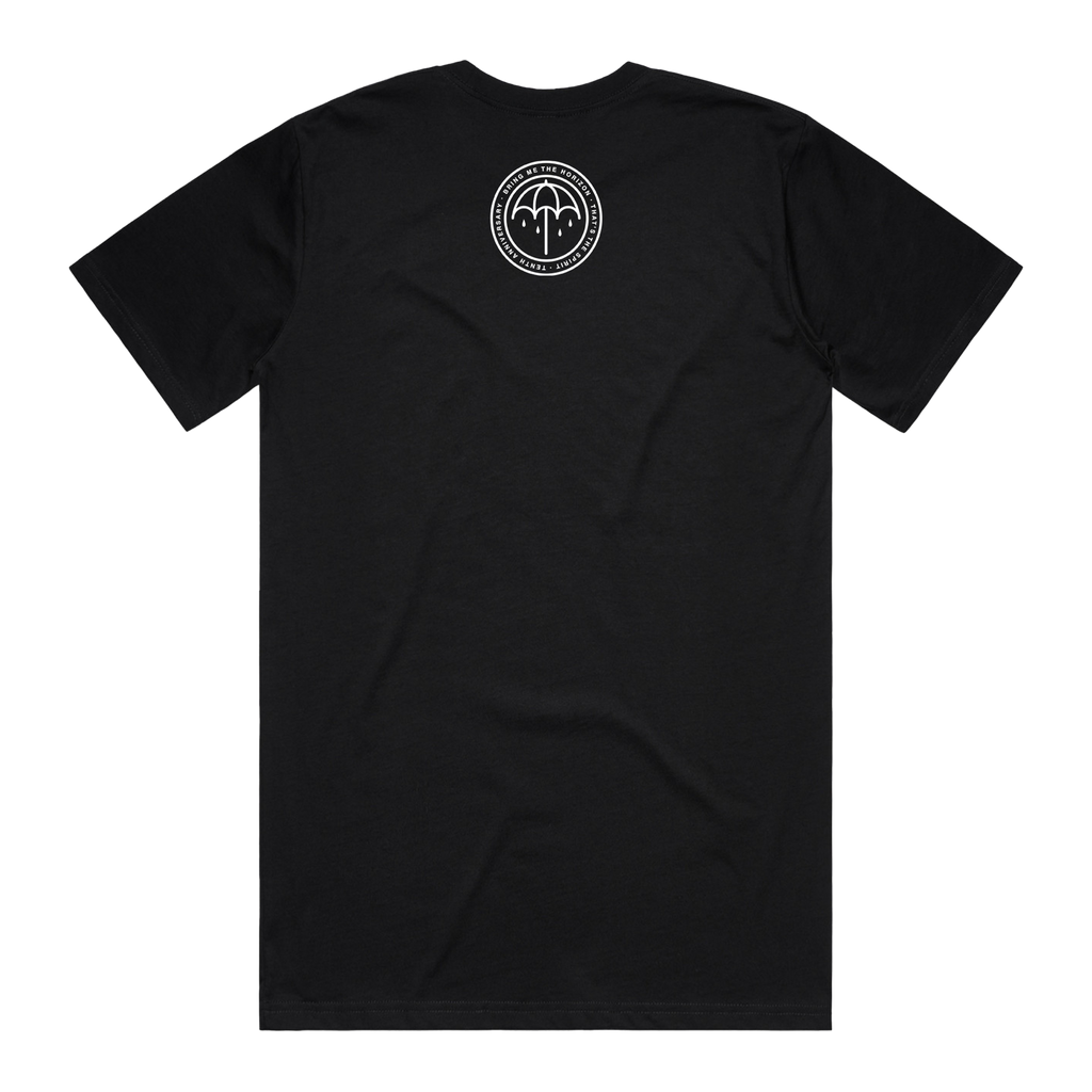 Black short-sleeve T-Shirt with a round white Umbrella print batch centred across the top of the back