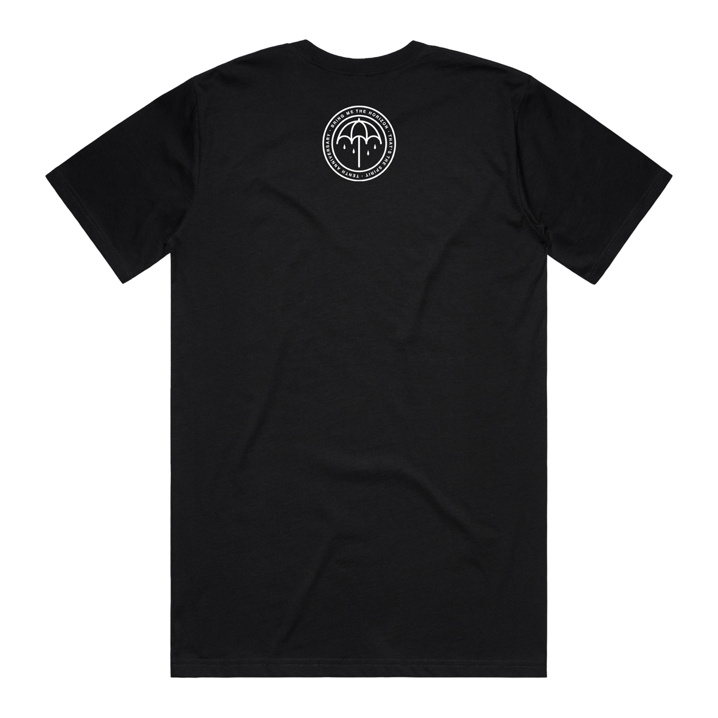 Black short-sleeve T-Shirt with a round white Umbrella print batch centred across the top of the back