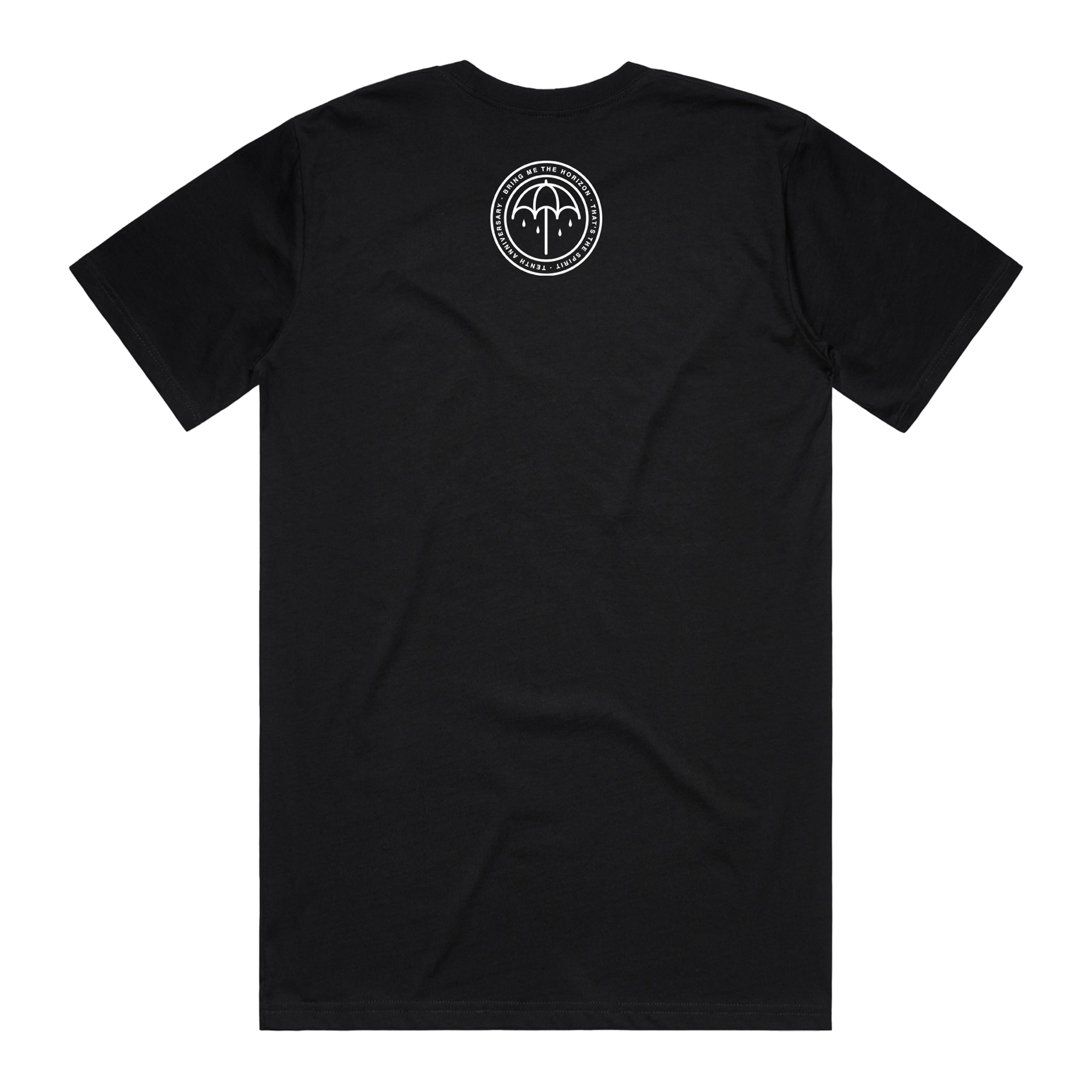 Black short-sleeve T-Shirt with a round white Umbrella print batch centred across the top of the back