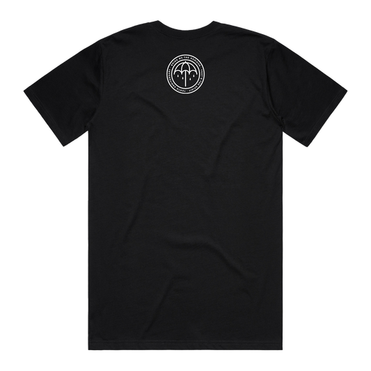 Black short-sleeve T-Shirt with a round white Umbrella print batch centred across the top of the back