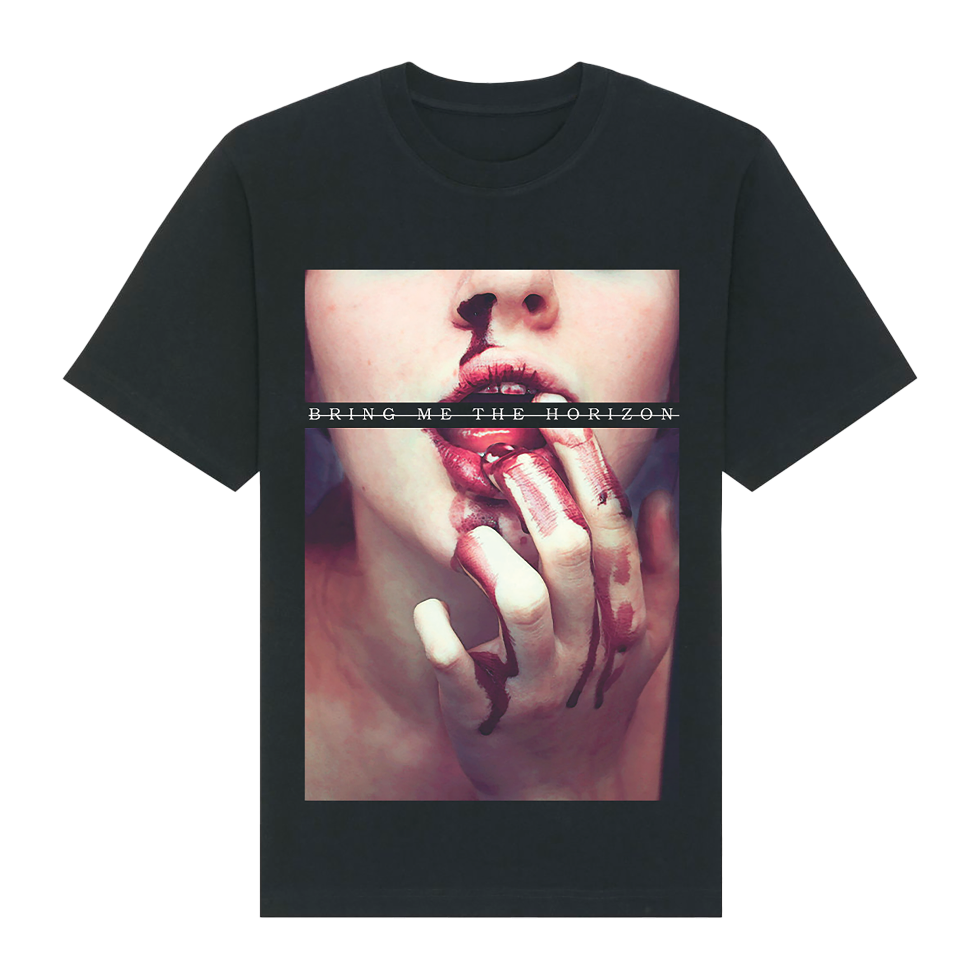 Black unisex short-sleeve regular fit T-Shirt with Bring me The Horizon Bloodlust print across the front