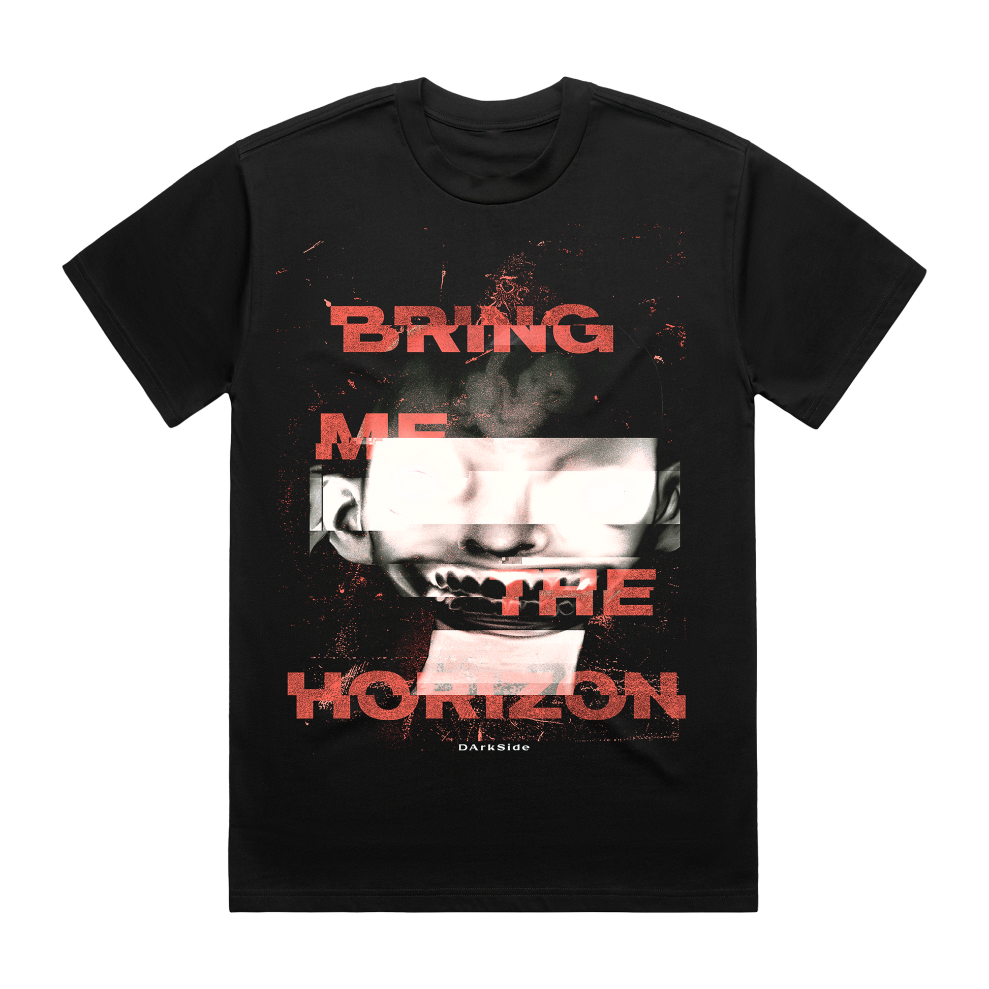Black short-sleeve unisex regular fit T-shirt with Bring Me the Horizon glitch print across the front.