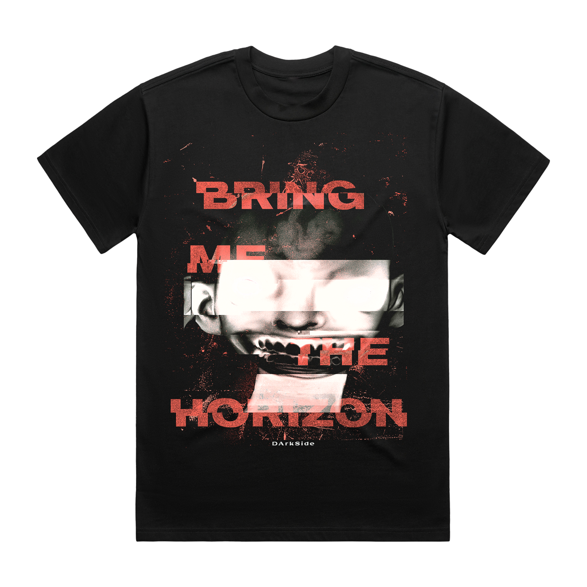 Black short-sleeve unisex regular fit T-shirt with Bring Me the Horizon glitch print across the front.