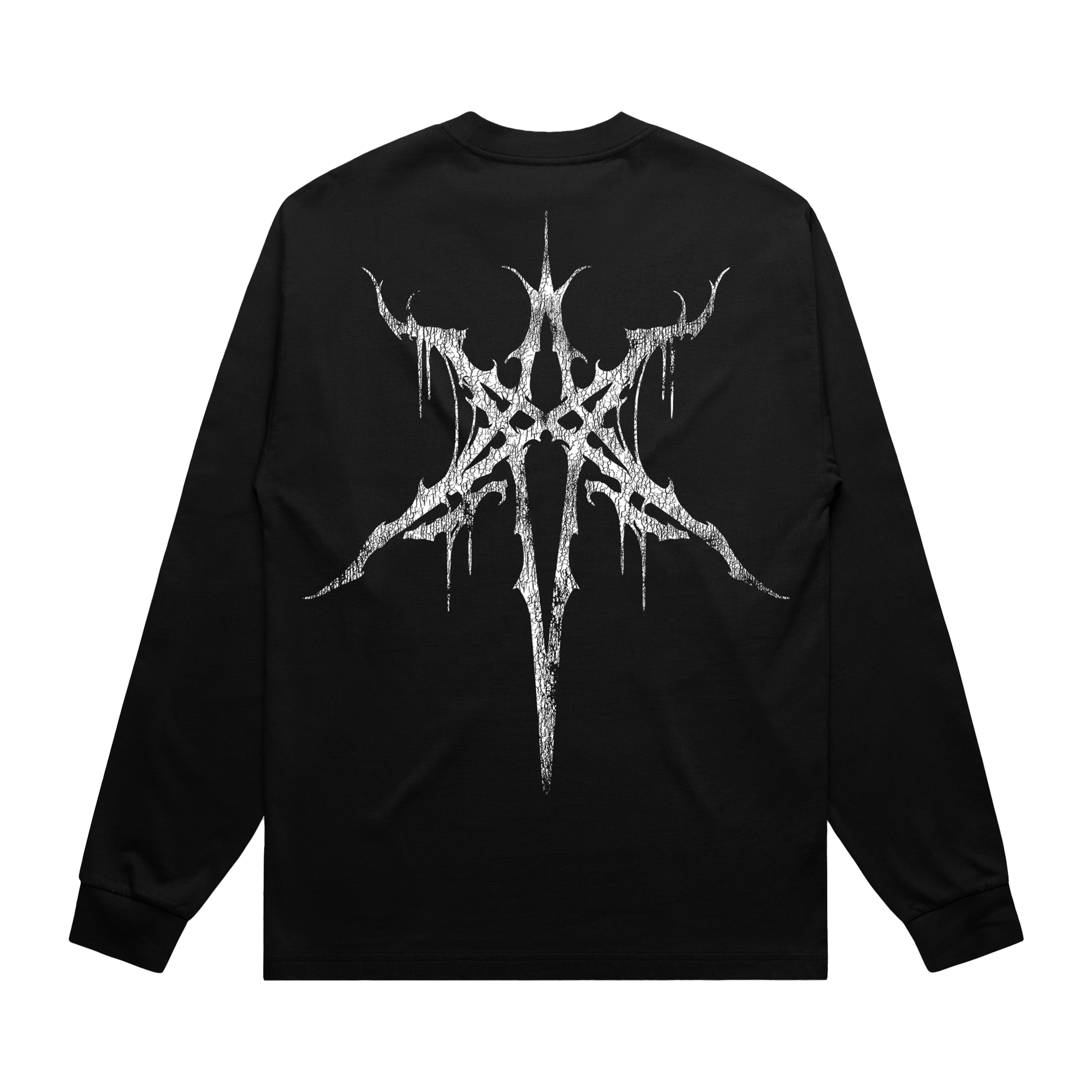 Black unisex long-sleeve regular fit T-shirt with silver 'Bring Me the Horizon' text print across the front and silver hex print across the back.