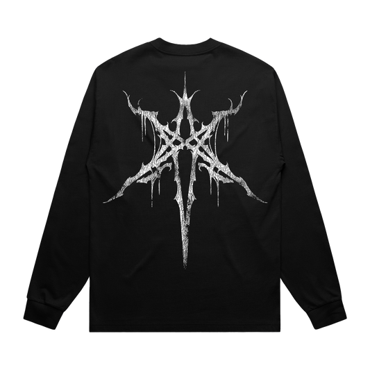 Black unisex long-sleeve regular fit T-shirt with silver 'Bring Me the Horizon' text print across the front and silver hex print across the back.