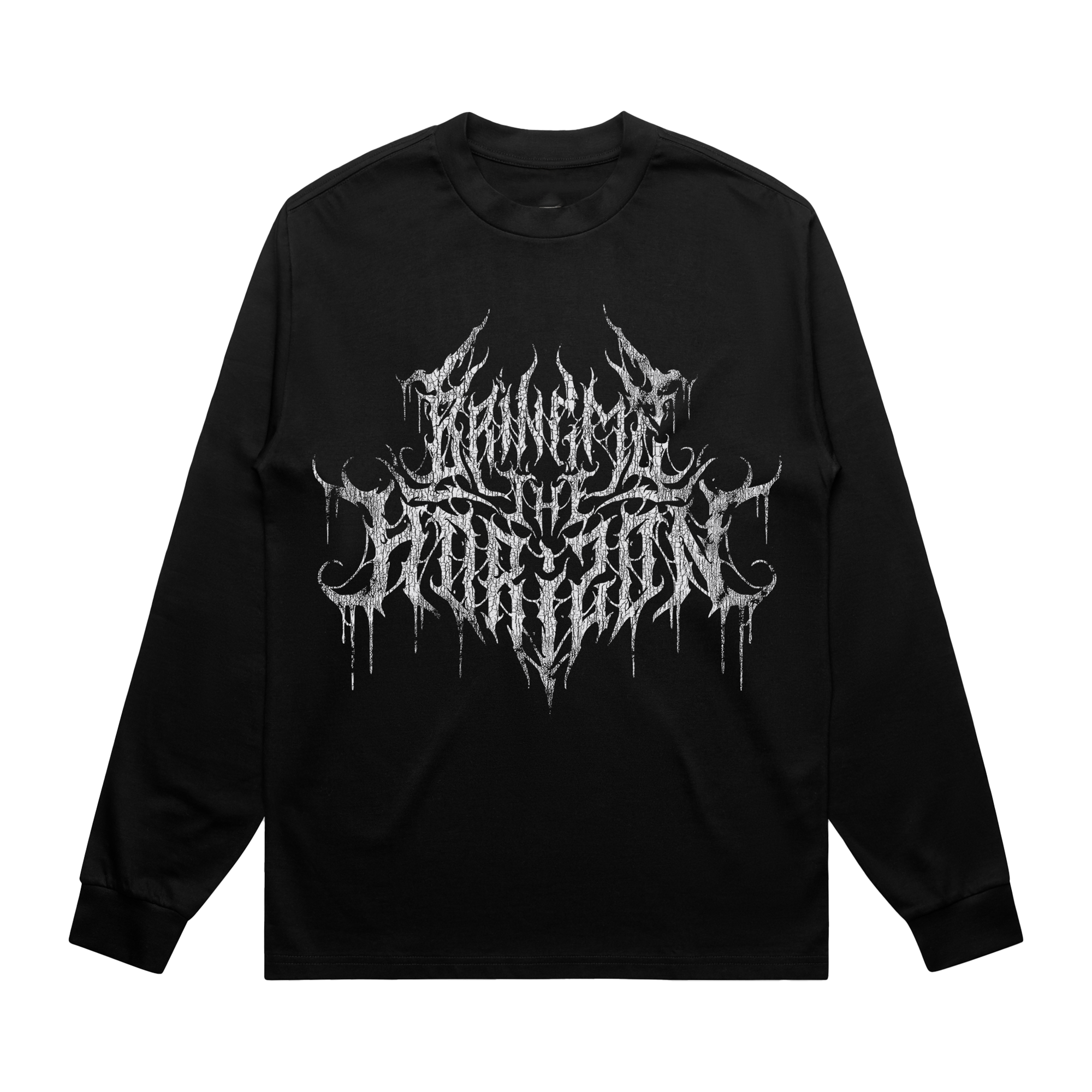 Black unisex long-sleeve regular fit T-shirt with silver 'Bring Me the Horizon' text print across the front and silver hex print across the back.