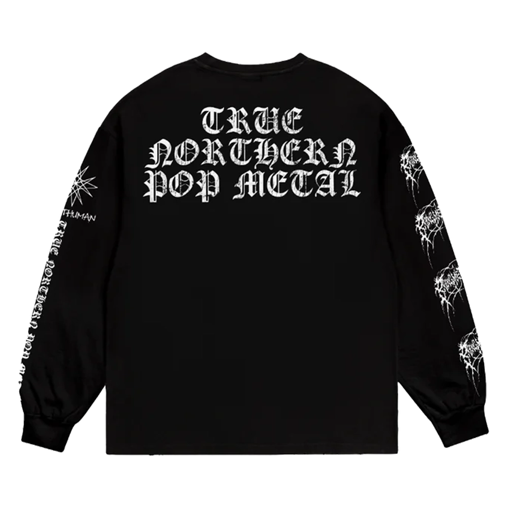 Black unisex regular fit crewneck with white 'True Northern Pop Metal' text print across the back.
