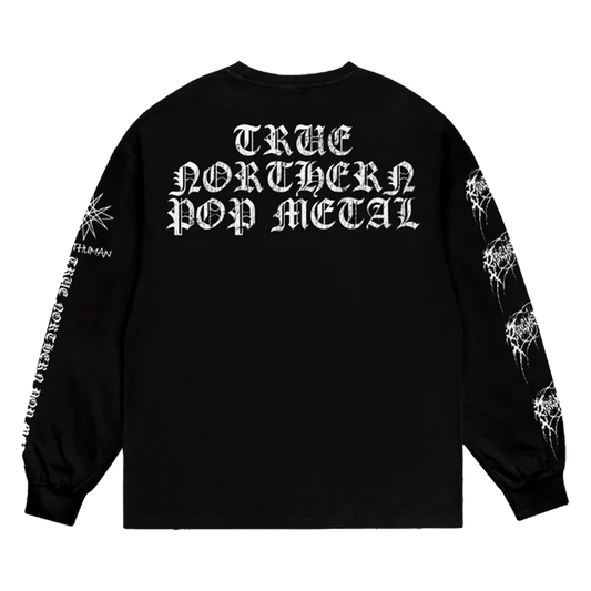 Black unisex regular fit crewneck with white 'True Northern Pop Metal' text print across the back.