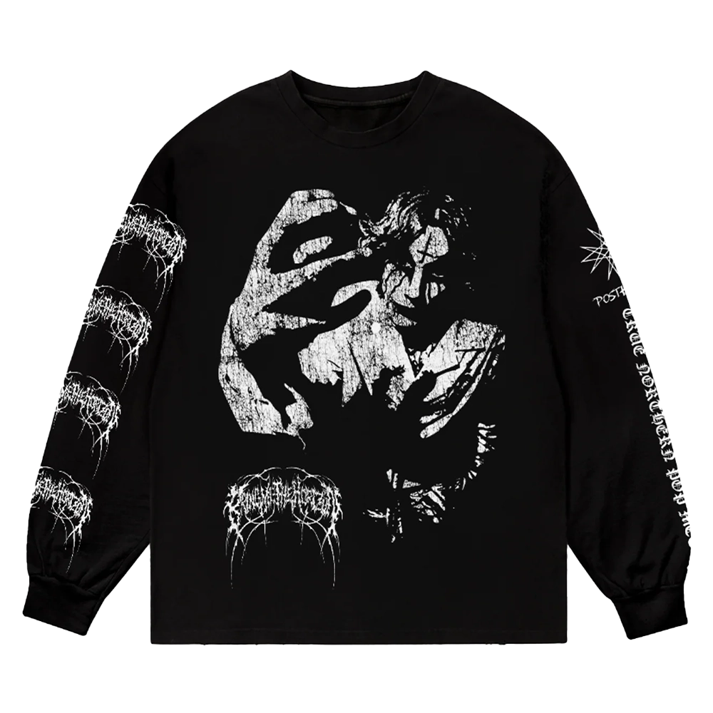 Black unisex regular fit crewneck with white Bring me The Horizon print across the front and sleeves