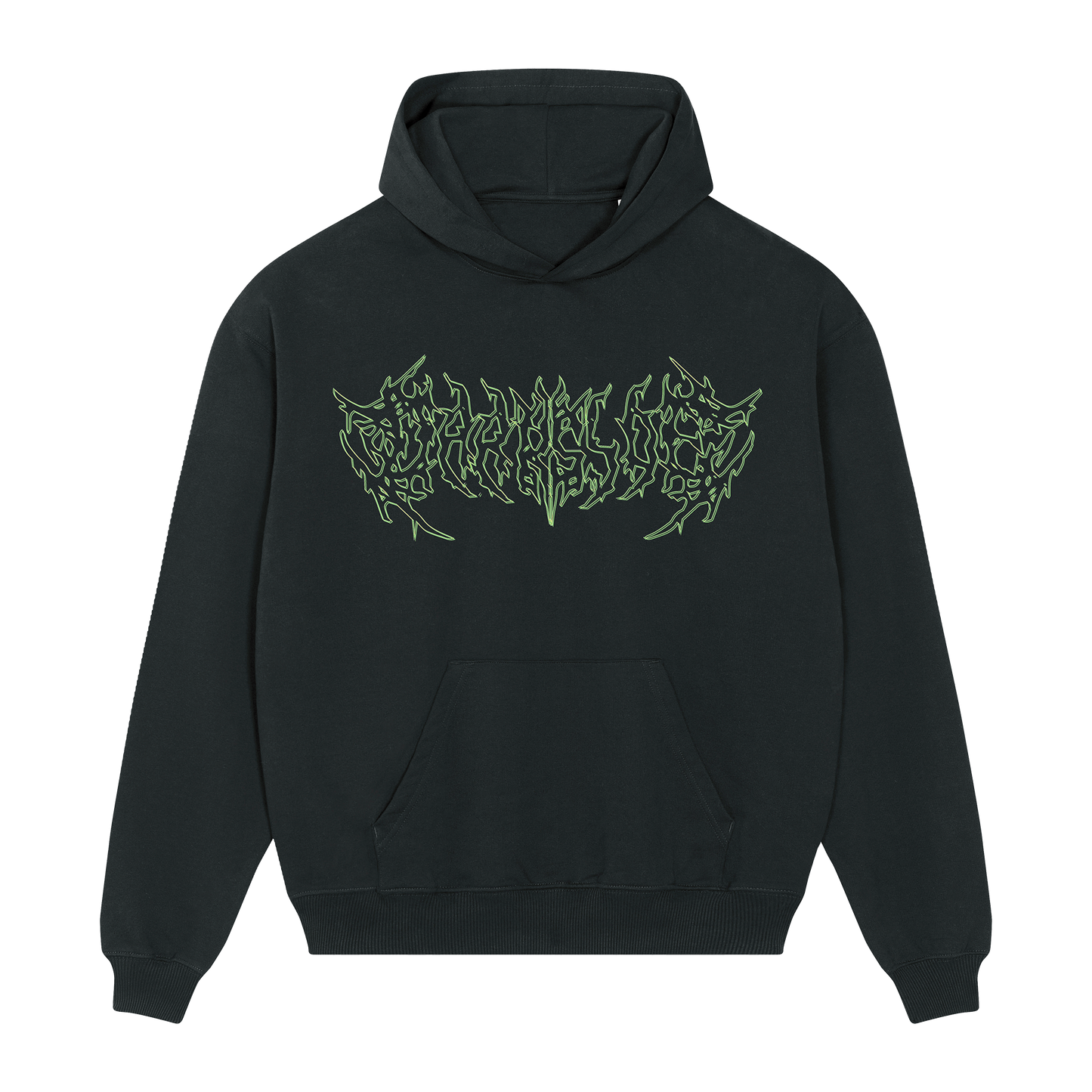 Black unisex hoodie with green Bring Me the Horizon text print across the front.