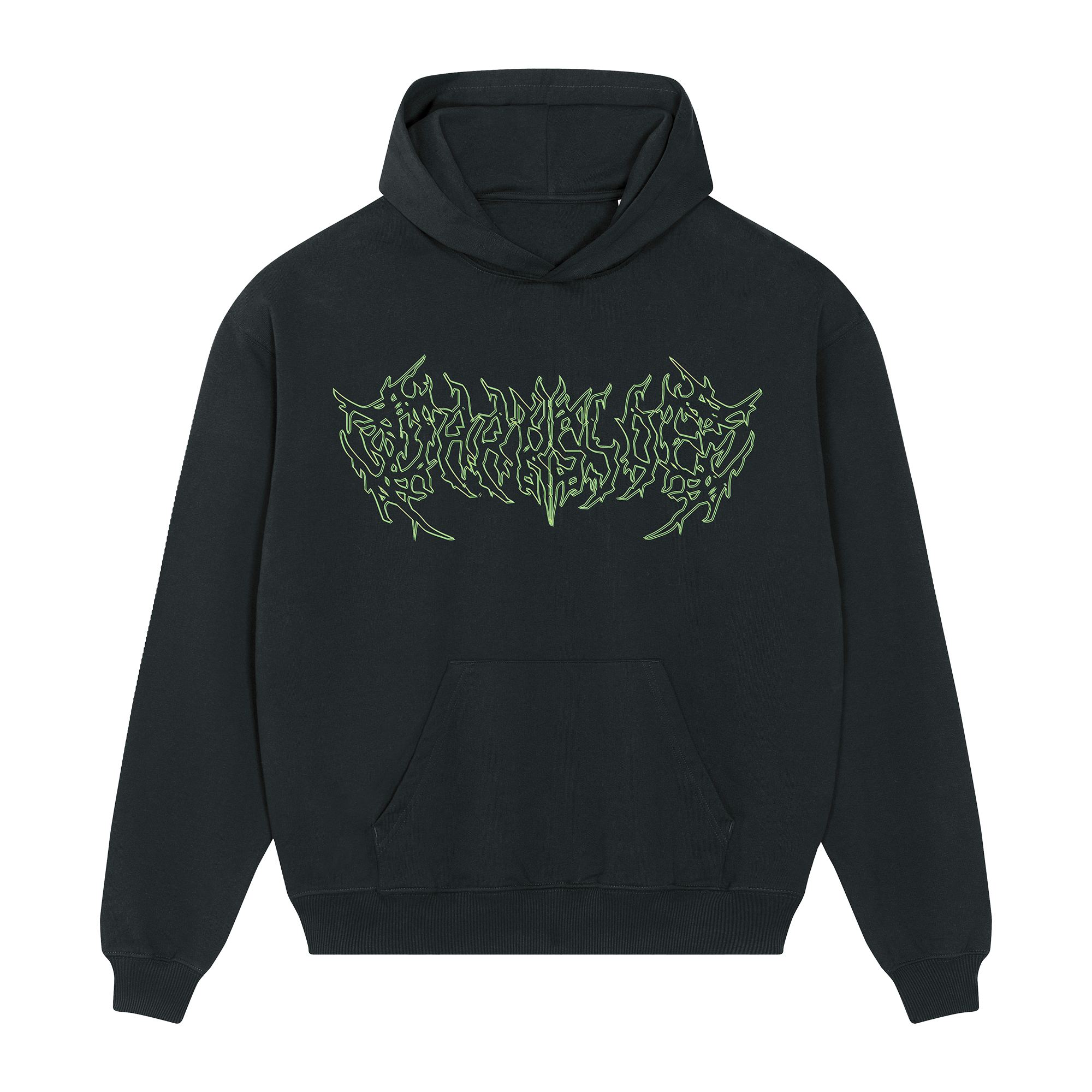 Black unisex hoodie with green Bring Me the Horizon text print across the front.