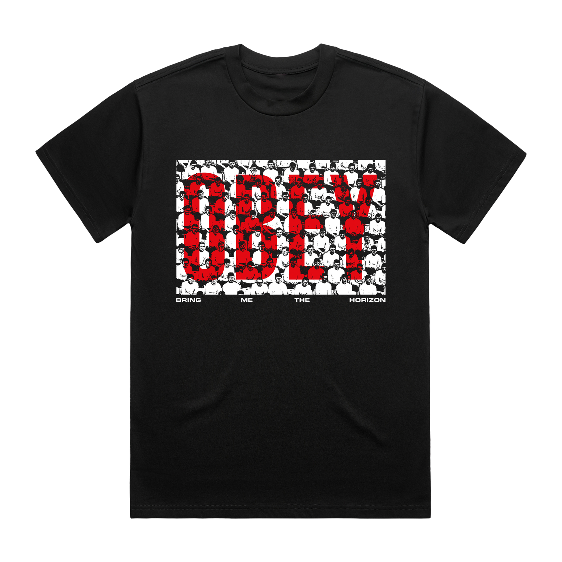 Black short-sleeve unisex regular fit T-Shirt with Bring me the Horizon Obey print across the front