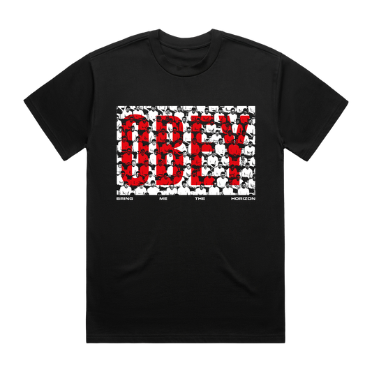 Black short-sleeve unisex regular fit T-Shirt with Bring me the Horizon Obey print across the front