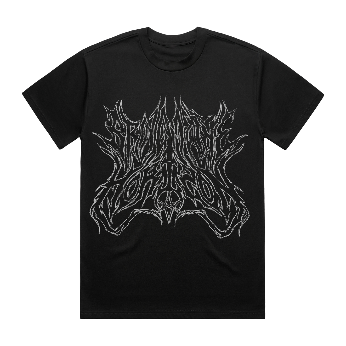 Front view of a black short-sleeve unisex T-Shirt with white Bring me The Horizon text print across the front