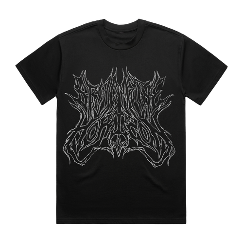 Front view of a black short-sleeve unisex T-Shirt with white Bring me The Horizon text print across the front