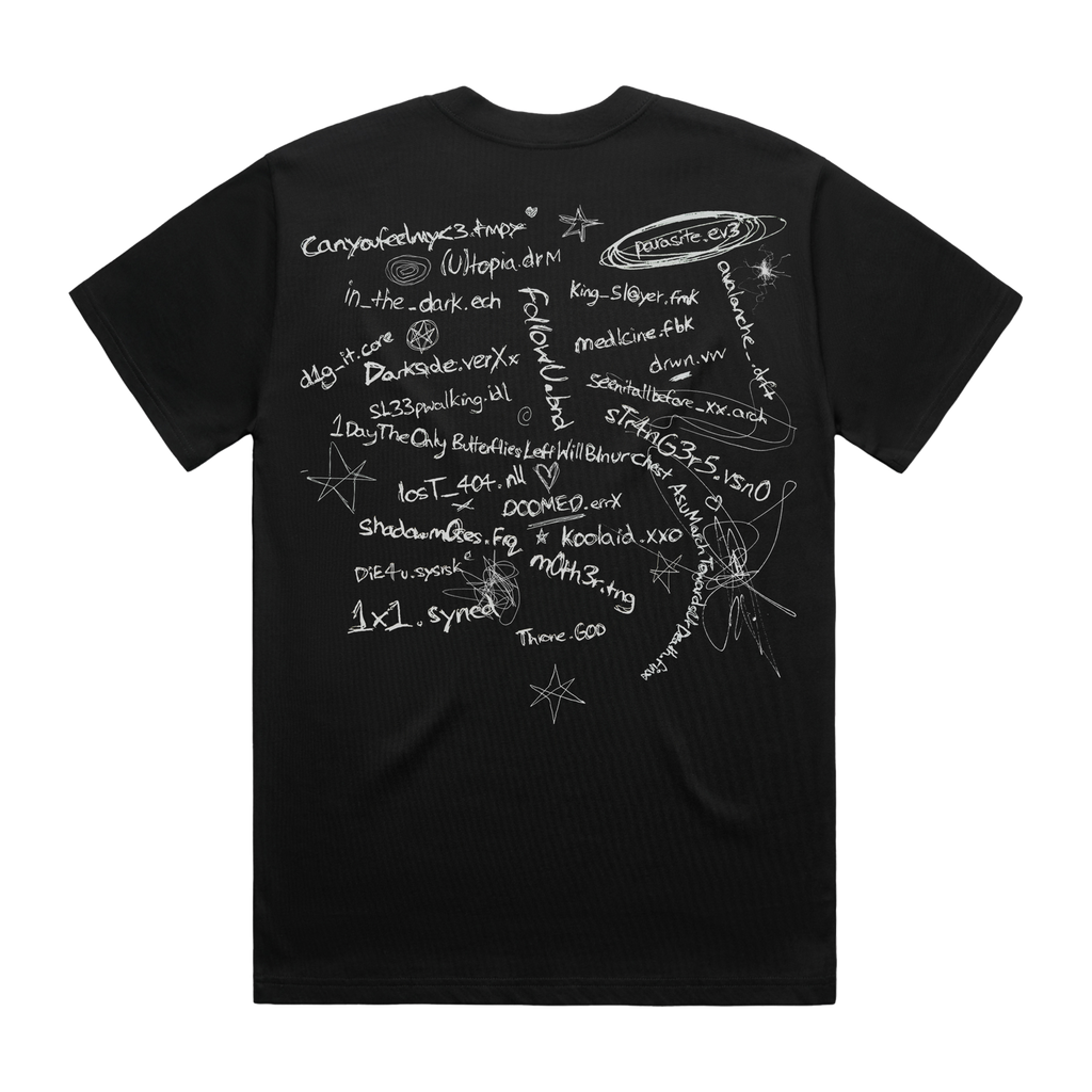 Back view of a black short-sleeve unisex T-Shirt with white Bring me The Horizon lo-files tracklist print all-over the back