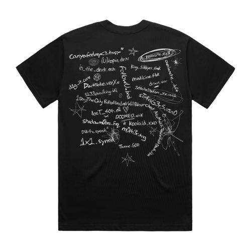 Back view of a black short-sleeve unisex T-Shirt with white Bring me The Horizon lo-files tracklist print all-over the back