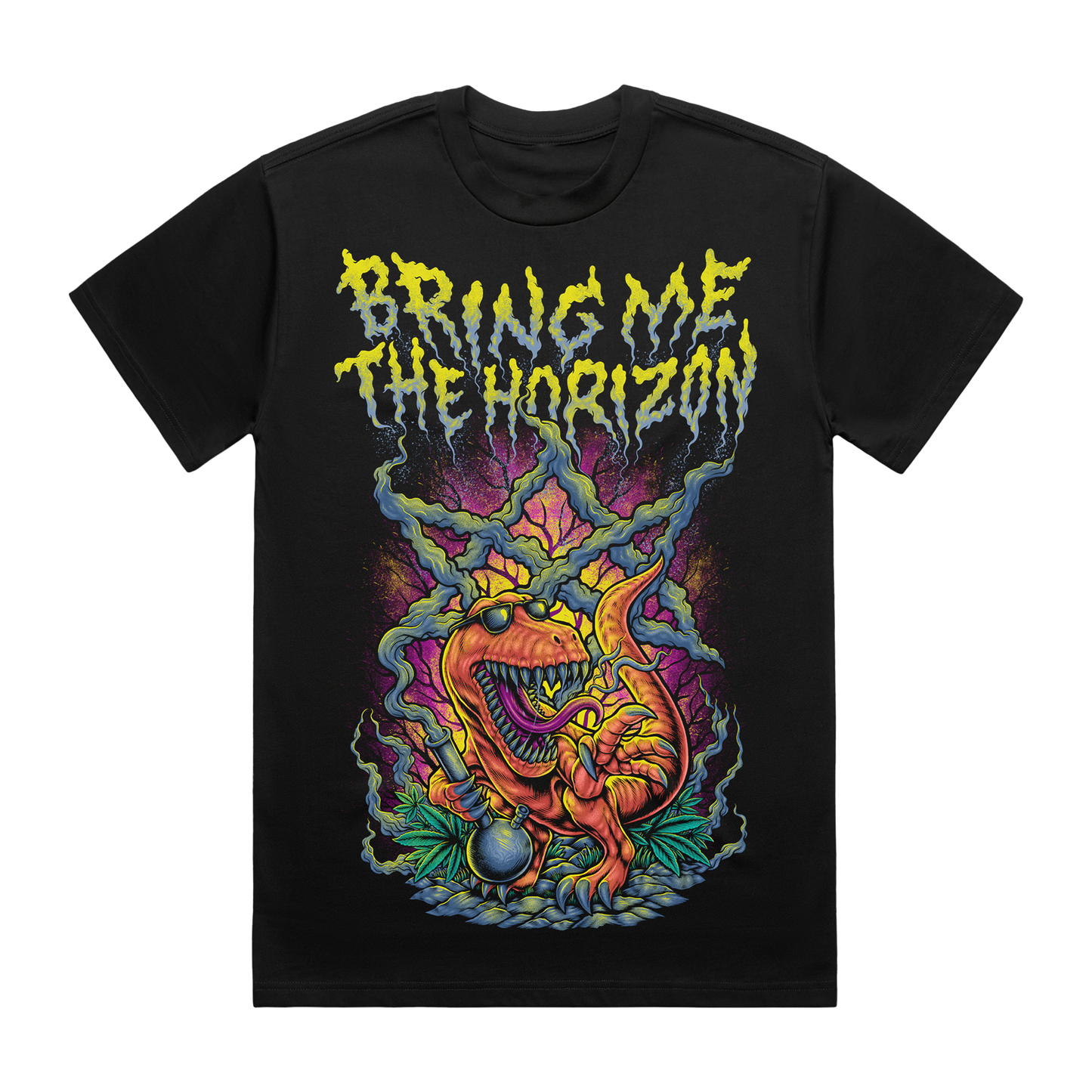 Black unisex short-sleeve regular fit T-Shirt with Bring me the Horizon smoking Dinosaur print across the front