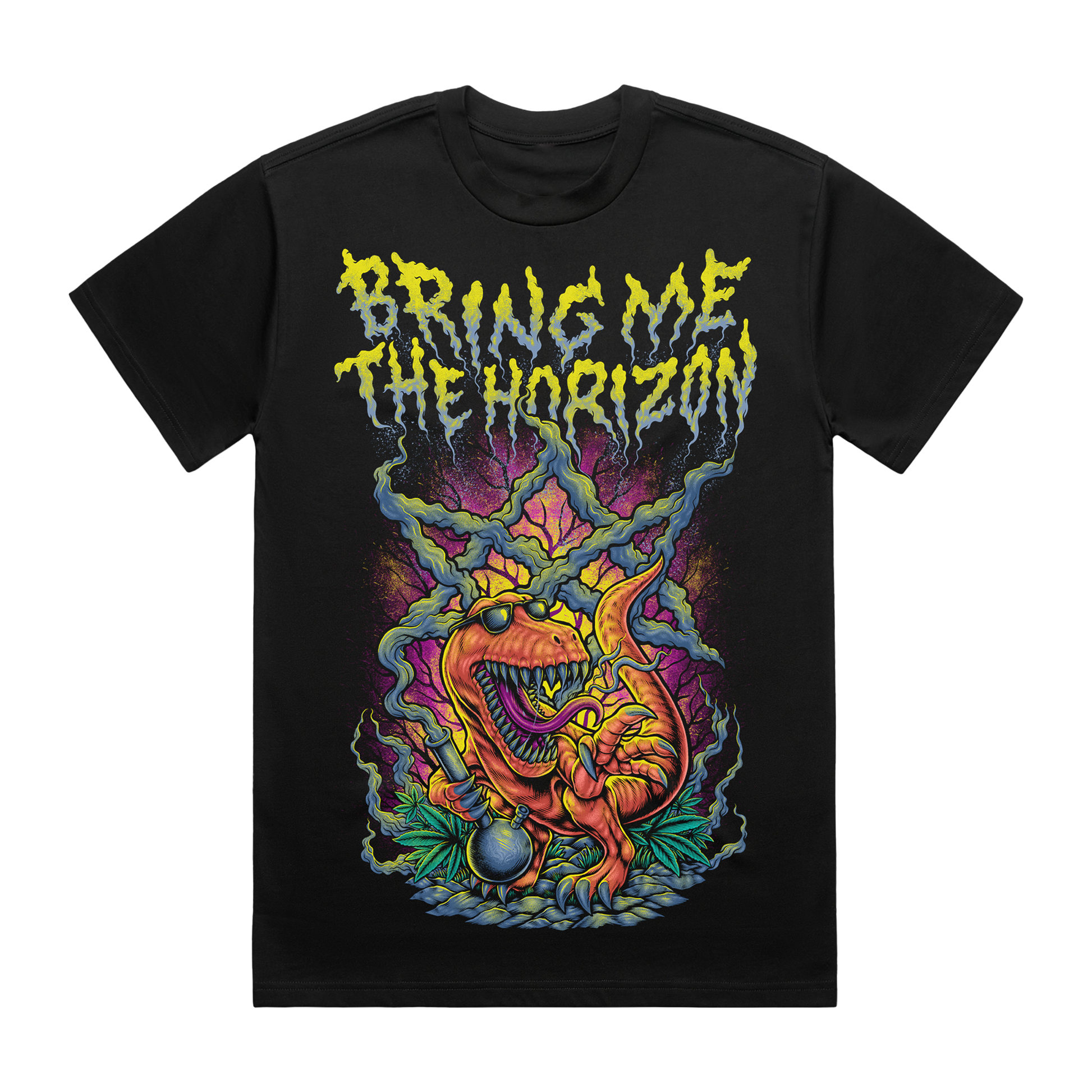 Black unisex short-sleeve regular fit T-Shirt with Bring me the Horizon smoking Dinosaur print across the front