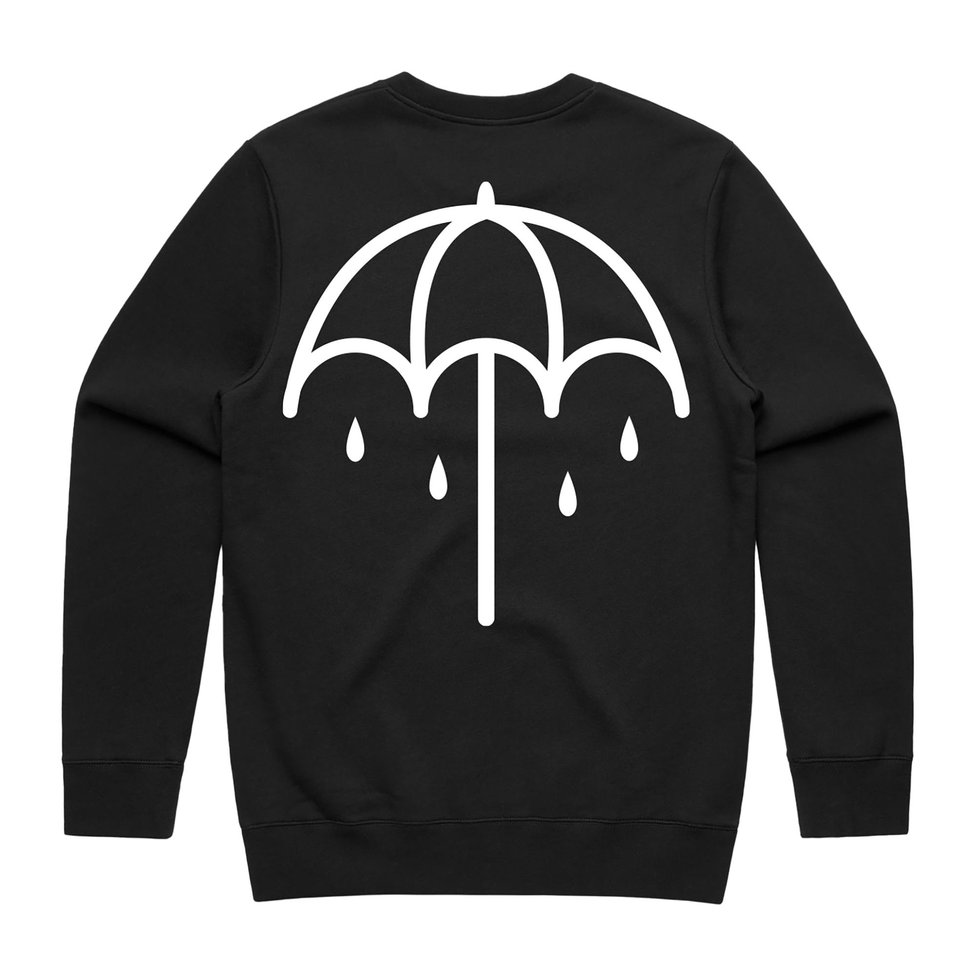 Black crewneck sweatshirt with a white umbrella print across the back.