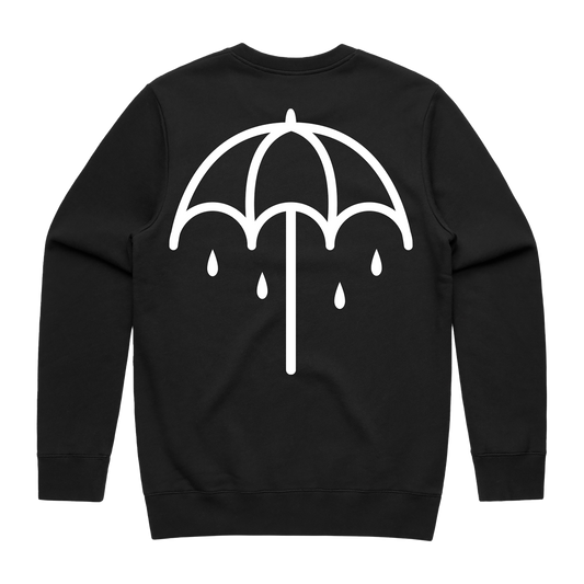 Black crewneck sweatshirt with a white umbrella print across the back.
