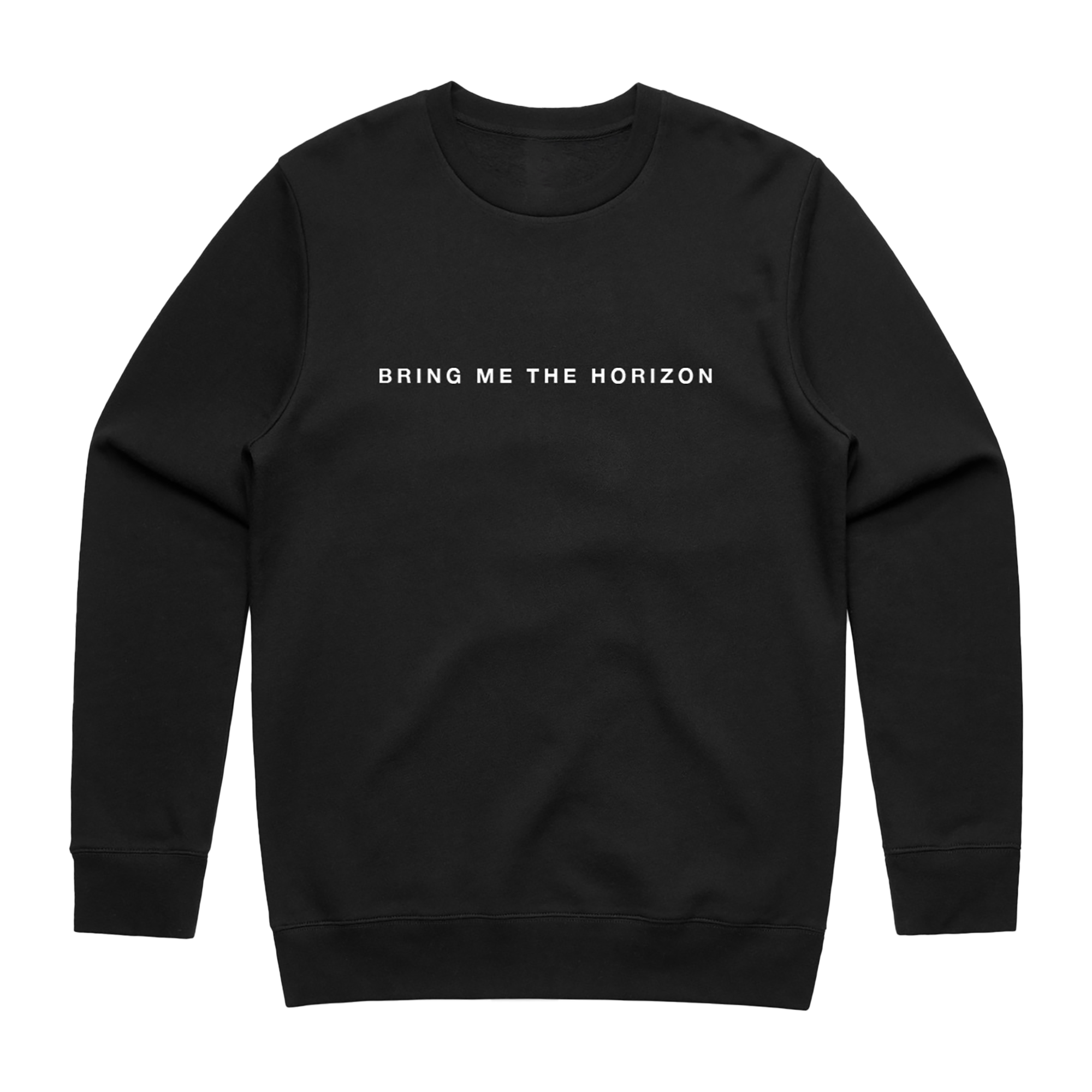 Black crewneck with white text reading “Bring Me the Horizon” across the chest.