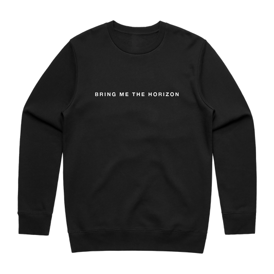Black crewneck with white text reading “Bring Me the Horizon” across the chest.