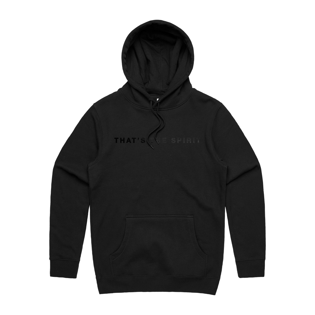 Washed black hoodie with a bold black 'That's the Sprit' text print across the front